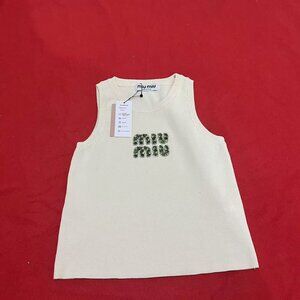 Miu Miu Cream Ribbed Tank Top with Green Crystal Logo